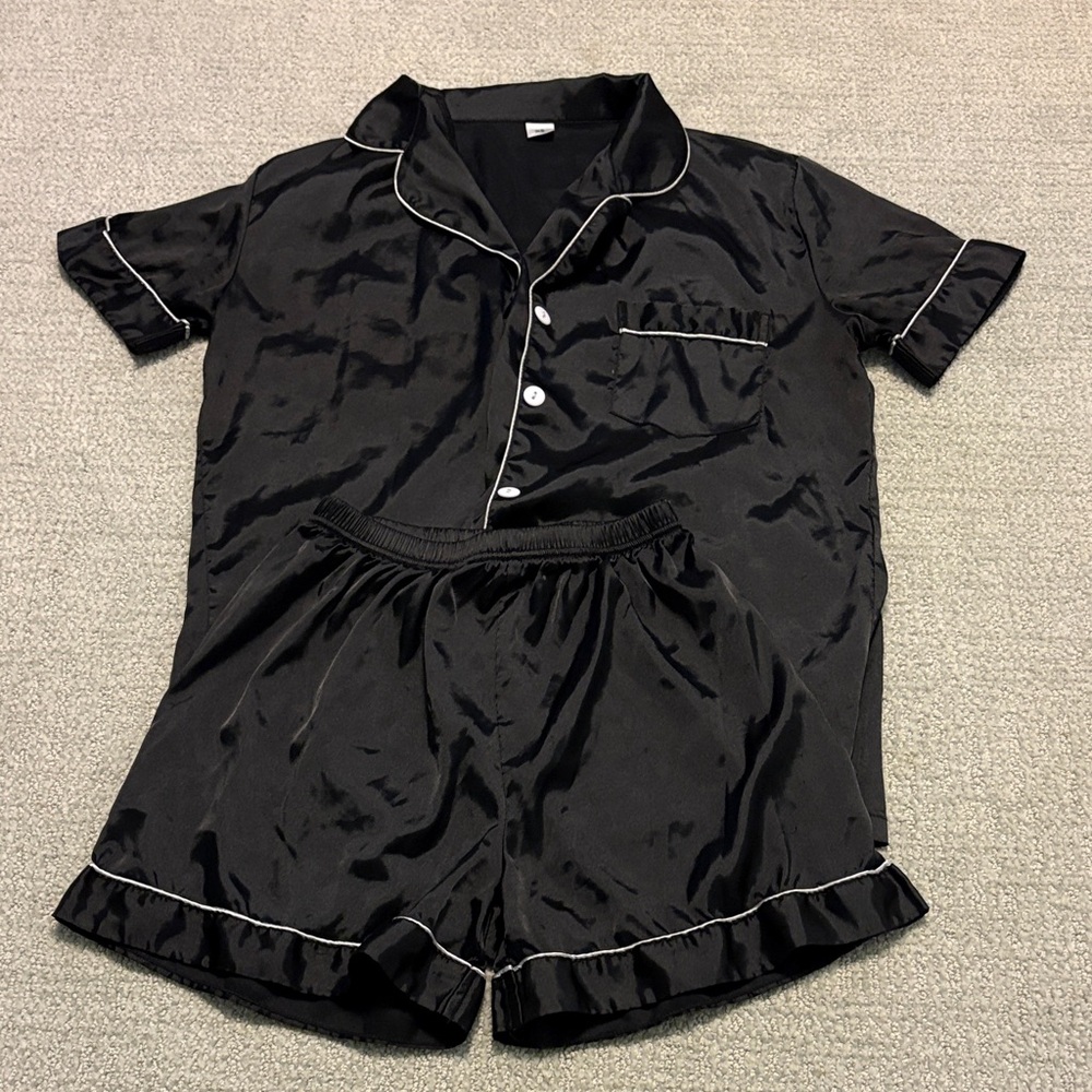 Black Satin Pajama Set with White Trim